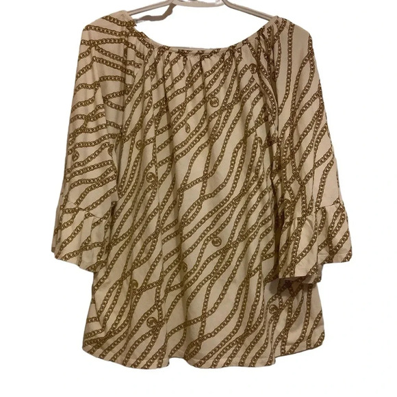 MICHEAL KORS CREAM & BROWN CHAIN DESIGN 3/4 LENGTH RUFFLE SLEEVE TOP/ Size 2X - Picture 2 of 8